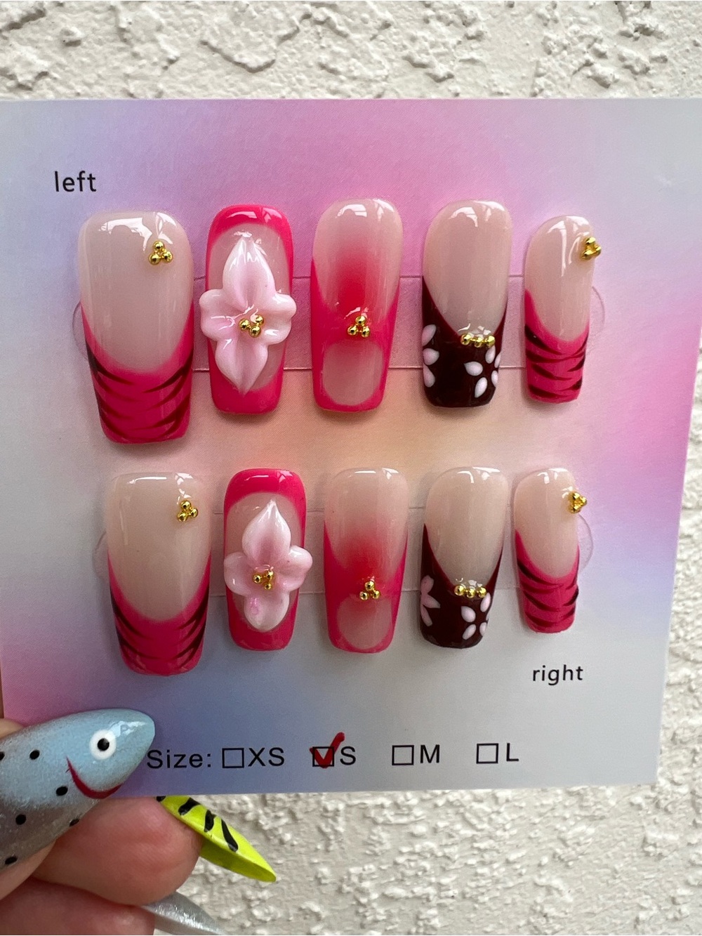 Press on Nails Pink Floral Barbiecore Size Small Set of 10